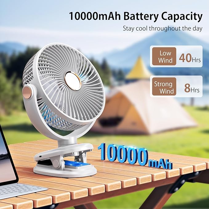 iNeibo 10000mAh Portable Clip on Fan, 90° Oscillating Fan, 8 Inch Rechargeable - Image 4