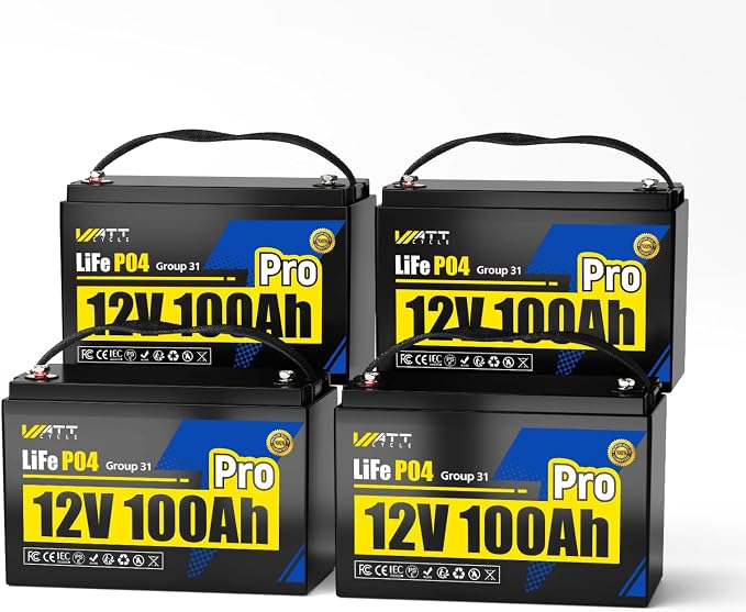 4Pack 12V 100Ah LiFePO4 Lithium Battery, BCI Group 31, Deep Cycle Up to 15000 by Wattcycle