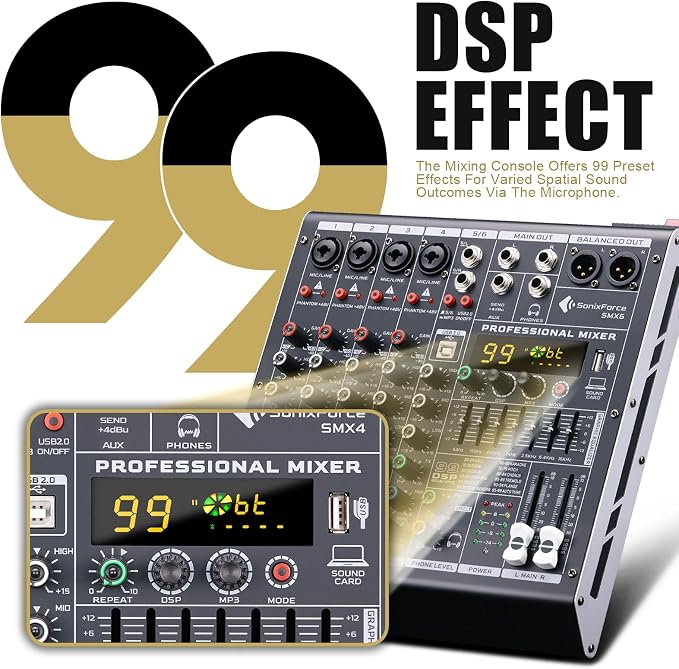 6 Channel Audio Mixer Sound Board Console System 99 DSP DJ Mixer 48V Phantom - Image 3