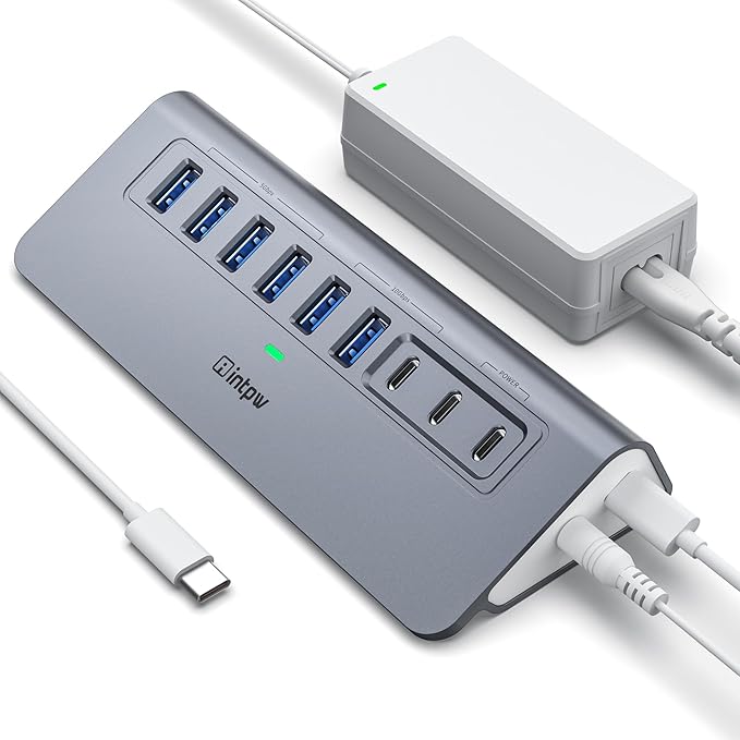 Powered USB Hub 10Gbps, intpw YH6AC 9-Port USB Splitter by intpw
