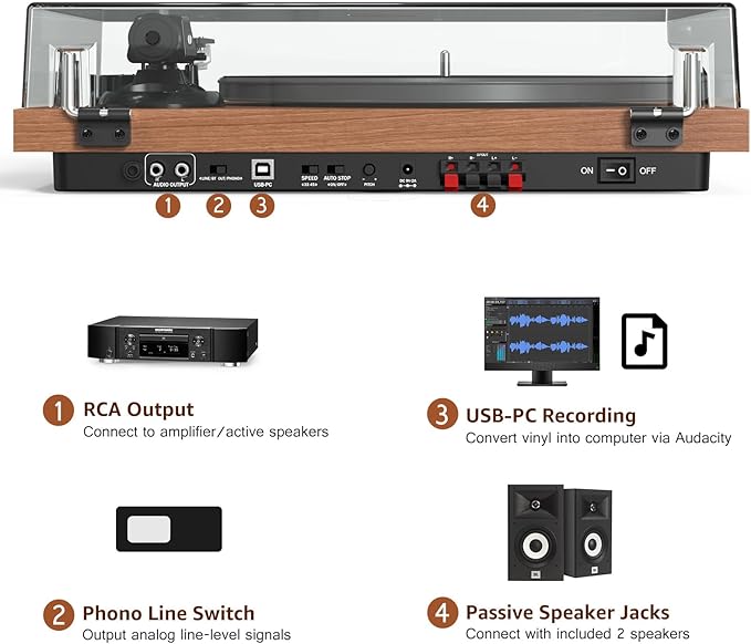 Record Player Turntable with 40W Speakers and Bluetooth Output Input - Image 4