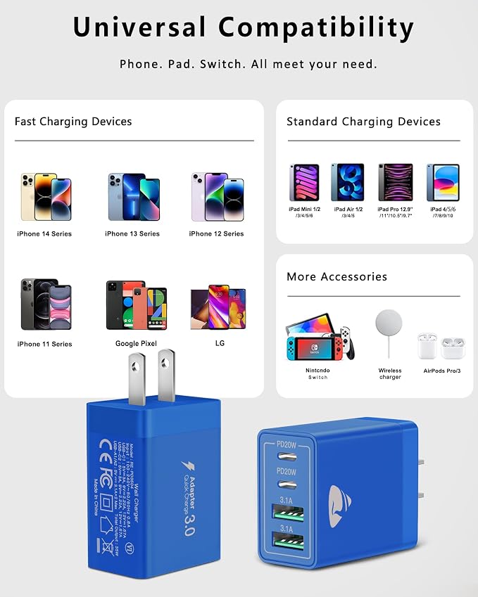 USB C Wall Charger, 40W Fast USB C Charger Block, 4-Port PD + QC Wall Plug - Image 6