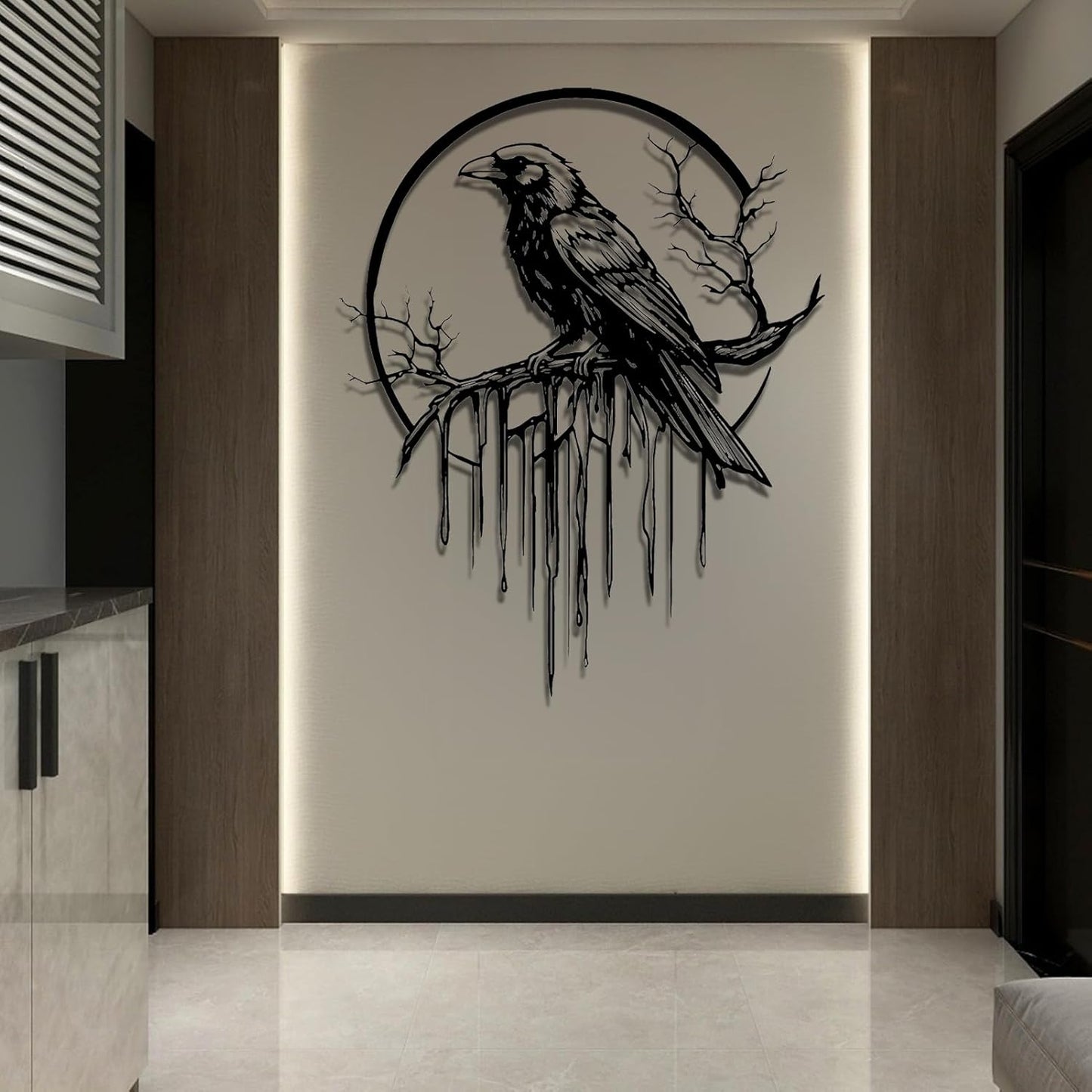 Crow Metal Wall Decor, Raven Wall Art, Large Gothic Raven Decor Hangings, Bird Wall Decor, Metal Tree Branch Decor, Ravens Sign, Raven Art for Living Room (White, 39"x31" | 100x80cm, metal wall art)