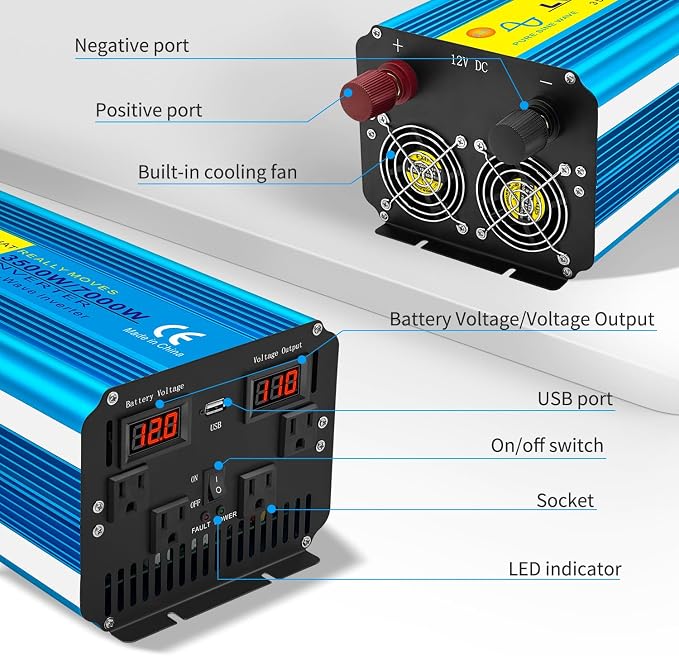Yinleader 3500 Watt Pure Sine Wave Power Inverter 12V DC to 110V/120V AC - Image 3