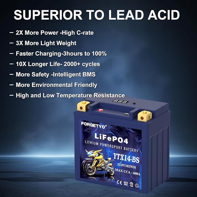 YTX14-BS Lithium Motorcycle Battery, ATV Battery 12V 8AH 600CCA Compatible - Image 5
