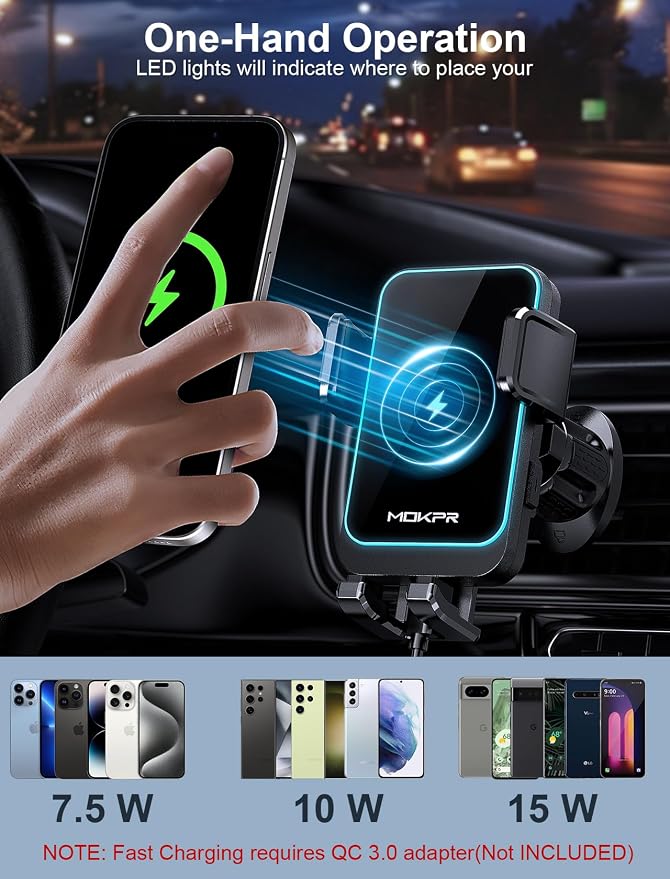 Wireless Car Charger, MOKPR 15W Fast Charging Auto Clamping Air Vent Car Phone - Image 4