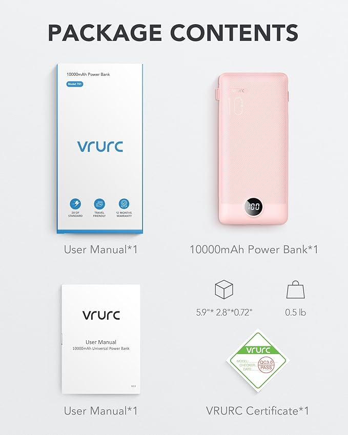 VRURC Portable Charger Built-in Cables and AC Wall Plug, USB C Power Bank - Image 8