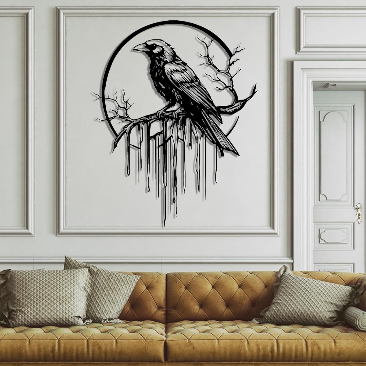 Crow Metal Wall Decor, Raven Wall Art, Large Gothic Raven Decor Hangings, Bird Wall Decor, Metal Tree Branch Decor, Ravens Sign, Raven Art for Living Room (Silver, 28"x22" |70x56cm, metal wall art)