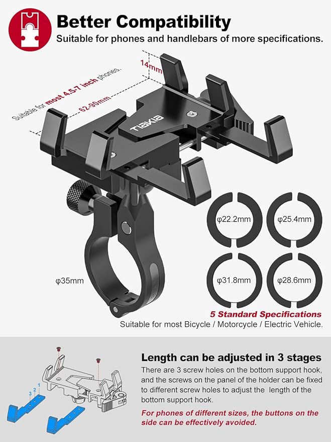 Tiakia Bike Phone Mount Holder, Aluminum Motorcycle Phone Mount, Handlebar - Image 2