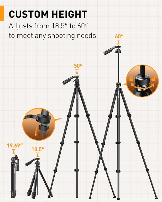 Perlegear Camera Tripod, 60″ Portable and Height-Adjustable, Travel Tripod - Image 2