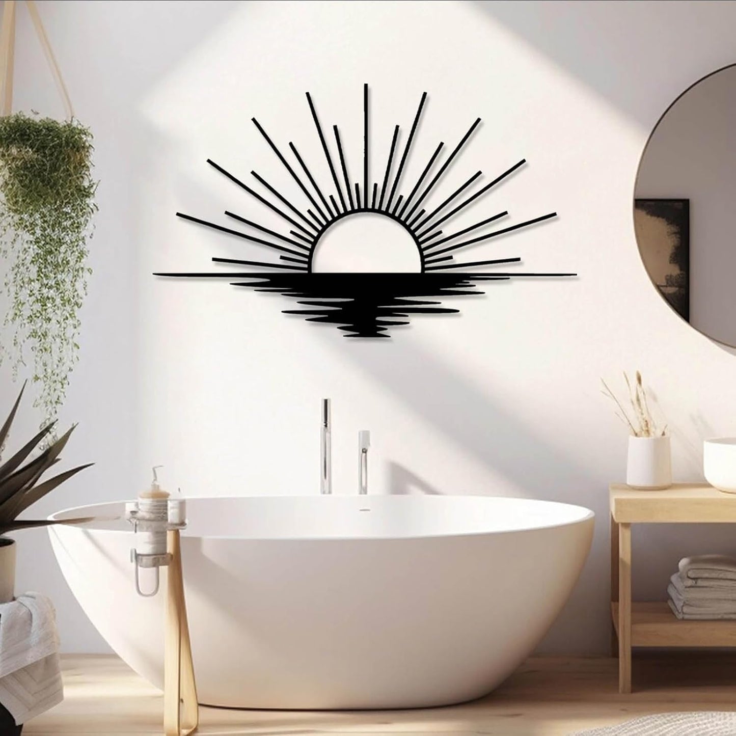 Sunrise Metal Wall Art, Metal Sun Wall Decor, Sun Outdoor Wall Art, Abstract Sunrise Wall Decor, Boho Home Hanging, Living Room Wall Hanging (Silver, 30"x18"/76x45cm)