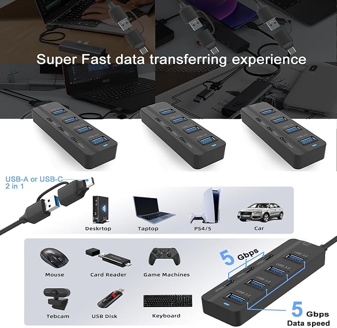 USB C Hub, 5Gbps 7 Ports USB 3.0, USB Hub - Image 3