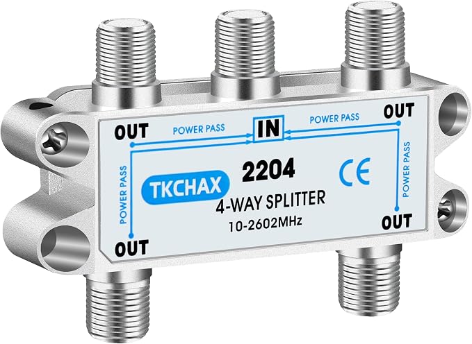 4 Way Coaxial Cable Splitter, Support 10-2602MHz, RG6 Compatible, Nickel-Plated by TKCHAX