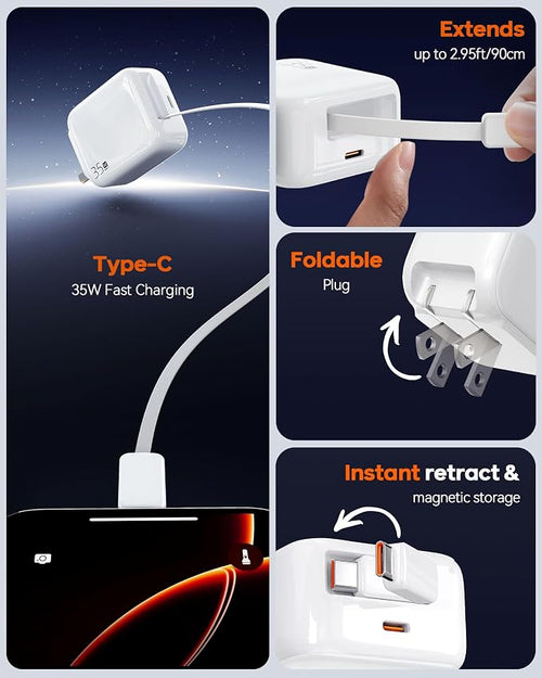 35W Retractable USB-C Wall Charger, Fast Charging Block - Image 2