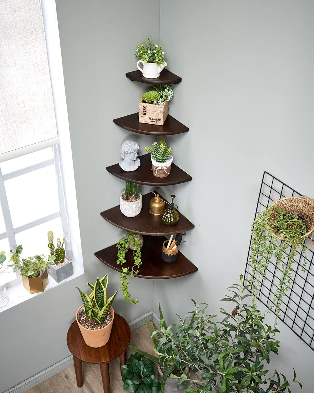 Corner Shelves, Floating Corner Shelf, Set of 2 16inch Solid Oak Wood Corner Wall Shelves, Round End with Wire Hole for Small Plant for Bedroom Kitchen, Living Room