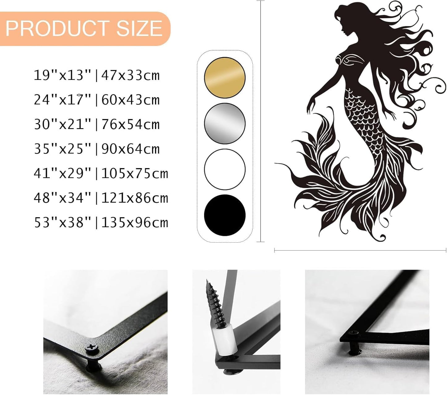 Veplsur Mermaid Metal Wall Art, Metal Mermaid Wall Decor, Marine Biology Wall Decor, Ocean Wall Art, Nautical Wall Hanging, Beach Hanging for Bathroom Bedroom (Gold, 53"x38"|135x96cm)