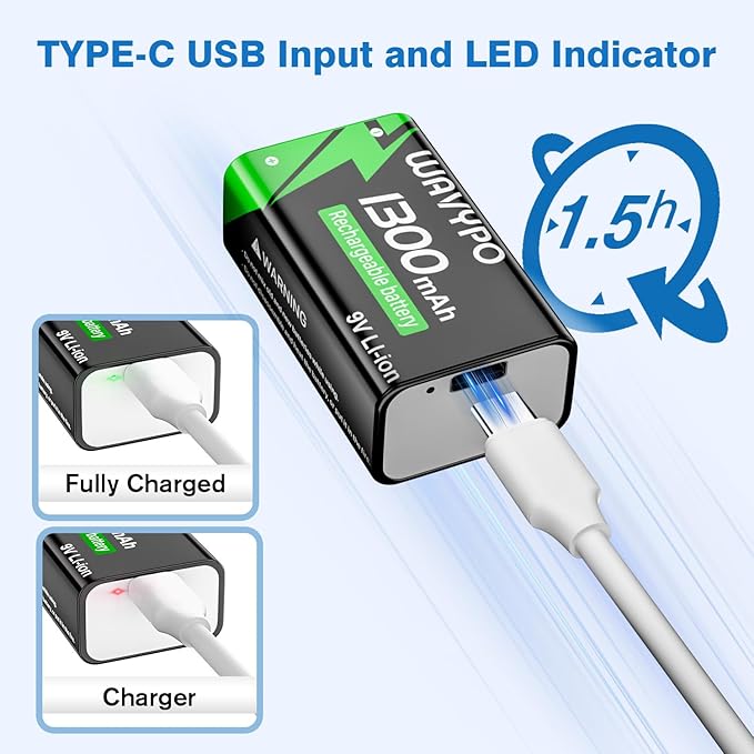 Rechargeable 9V Batteries, 1300mAh 9 Volt Lithium-ion Batteries Long Lasting 9V - Image 4