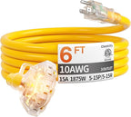 6 ft 10 Gauge Heavy Duty 3 Outlet Extension Cord Splitter by Deeklify