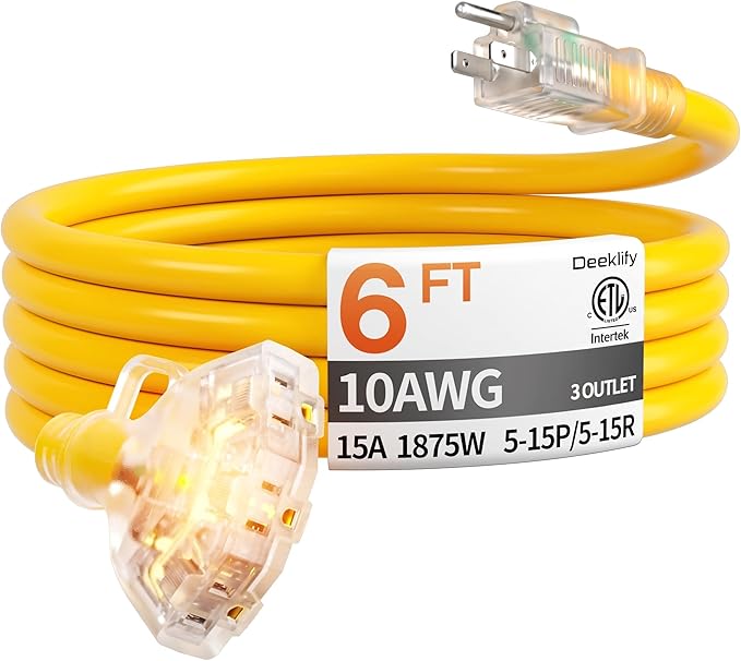 6 ft 10 Gauge Heavy Duty 3 Outlet Extension Cord Splitter by Deeklify