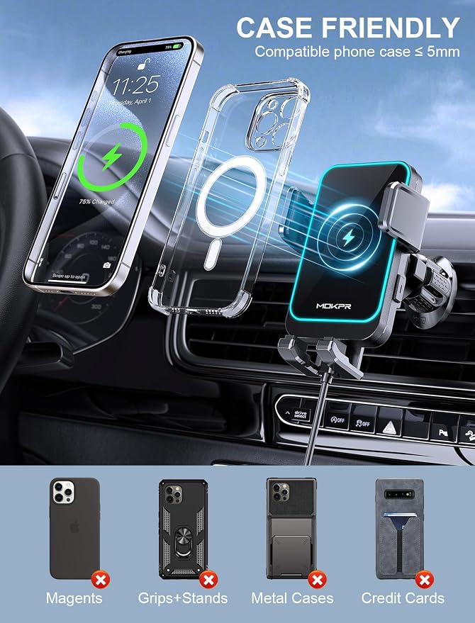 Wireless Car Charger, MOKPR 15W Fast Charging Auto Clamping Air Vent Car Phone - Image 6