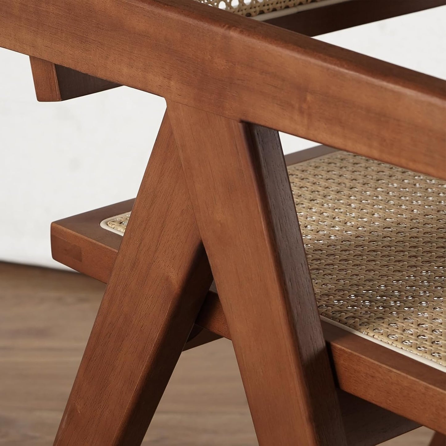 Rattan Walnut Mid Century Modern Dining Chairs Set of 6, Comfy Armchairs with Cane Back, Outdoor Kitchen Chairs for Multiple Rooms