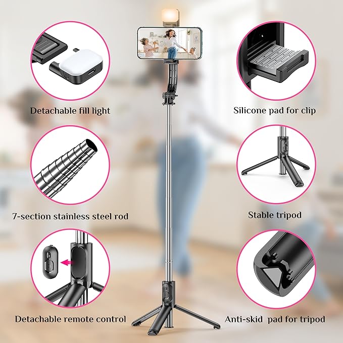 Selfie Stick Tripod with Fill Light, All in One Extendable Selfie Stick with - Image 3