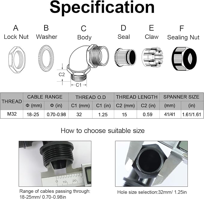 LeMotech M32 Cable Gland, 90 Degree Adjustable 18-25mm Strain Relief, Cord - Image 2