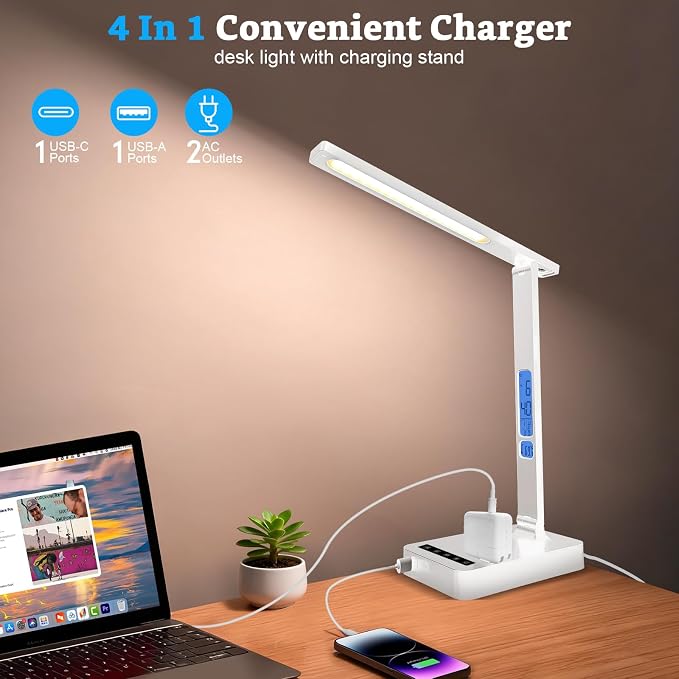 Smart Desk Lamp with Dual USB Charging & 2 AC Outlets, Digital Clock, - Image 3