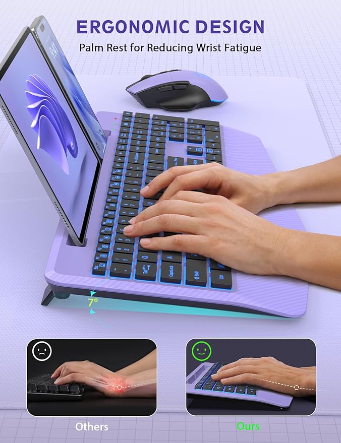 Wireless Keyboard and Mouse Backlits, Wrist Rest, LED Mouse, Rechargeable - Image 3