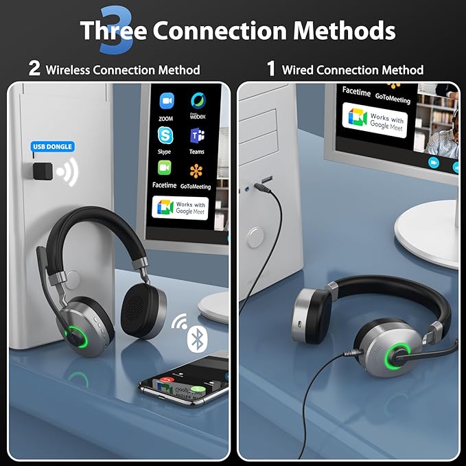 Wireless Headset, AI Noise Cancelling Mic & USB Dongle, Wired/Wireless - Image 4