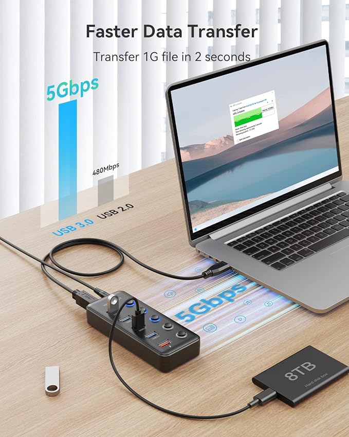 Powered USB Hub, Wenter 5 Ports USB 3.0 Hub - Image 2