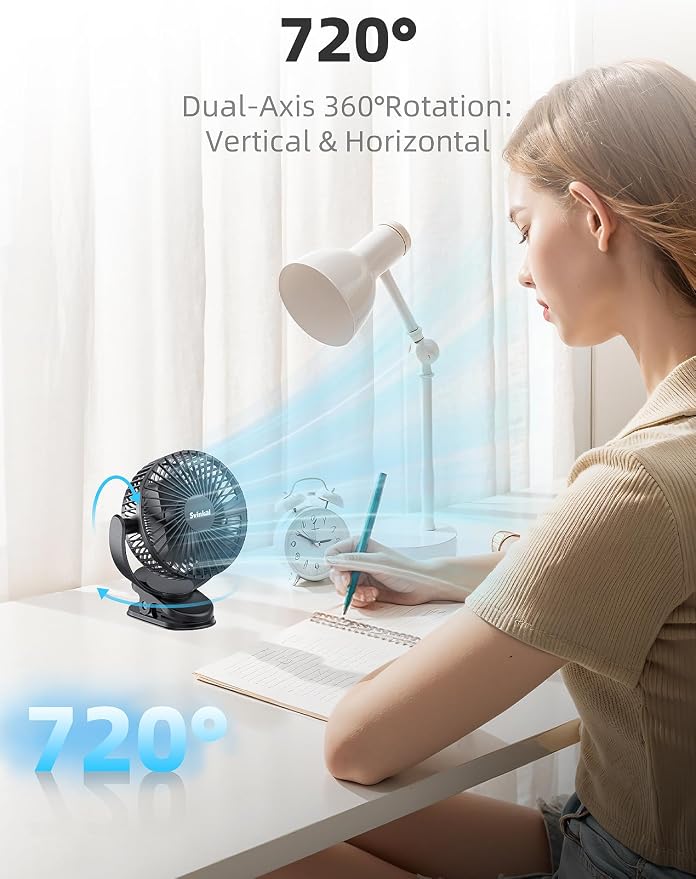 USB Portable Clip on Fan, 2400mAh Battery Type-C 6in, 3 Speed 720° Tilting Head - Image 6