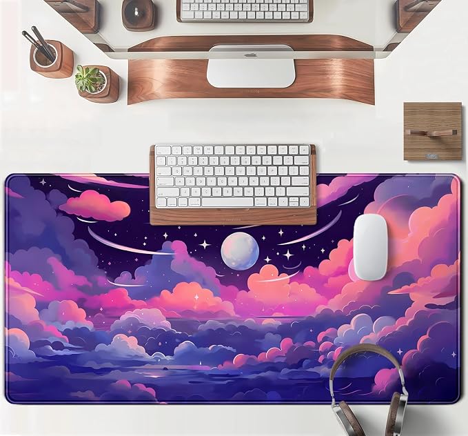 Pastel Pink Purple Clouds Moon Mouse pad Desk Mat, Cute Space Deskmat XXL Large - Image 4
