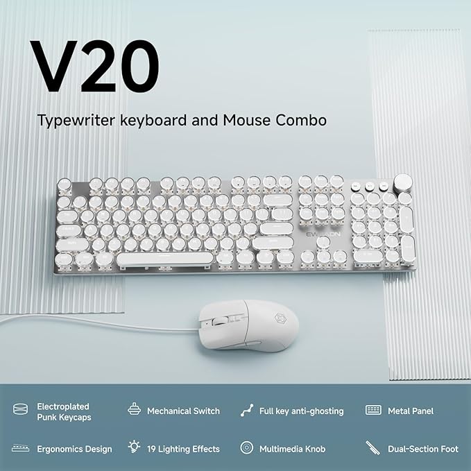 EWEADN Wired Typewriter Keyboard and Mouse Combo, Typewriter Style Mechanical - Image 2