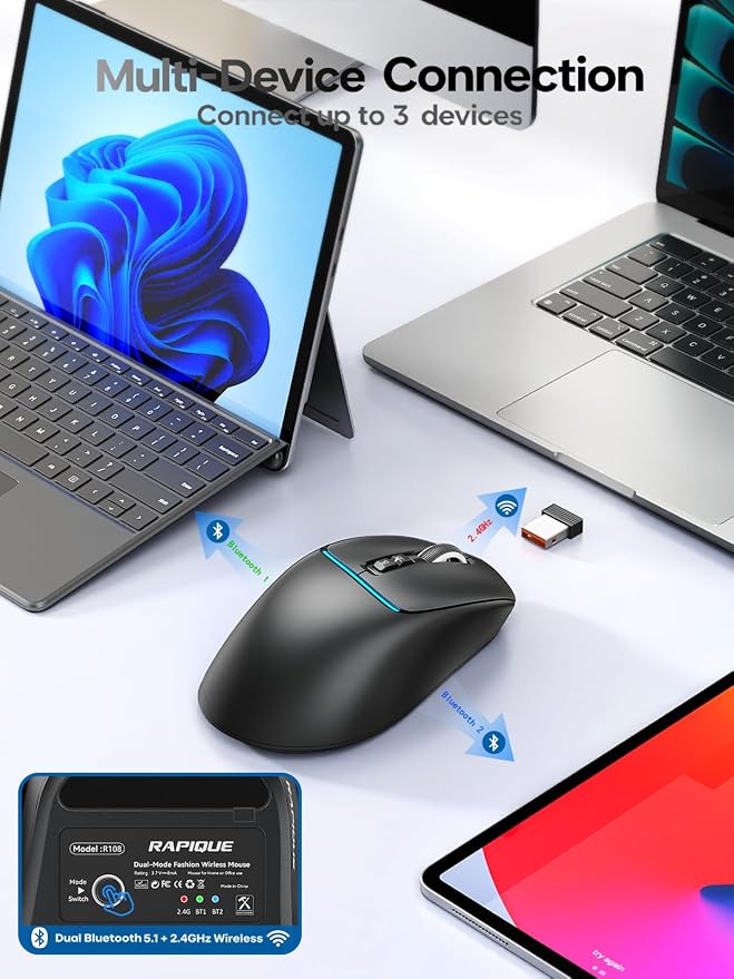 R108 Bluetooth Wireless Mouse – Dual Bluetooth ＆ 2.4GHz USB Receiver, 4 DPI - Image 2
