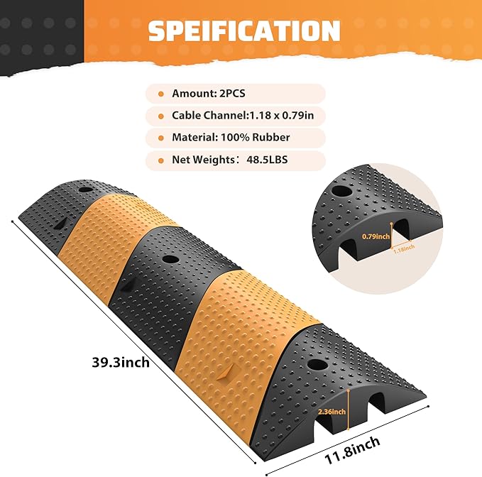 Rengue Rubber Speed Bumps 2-Pack 39.3'' Black Yellow Dual-Channel Driveway - Image 6