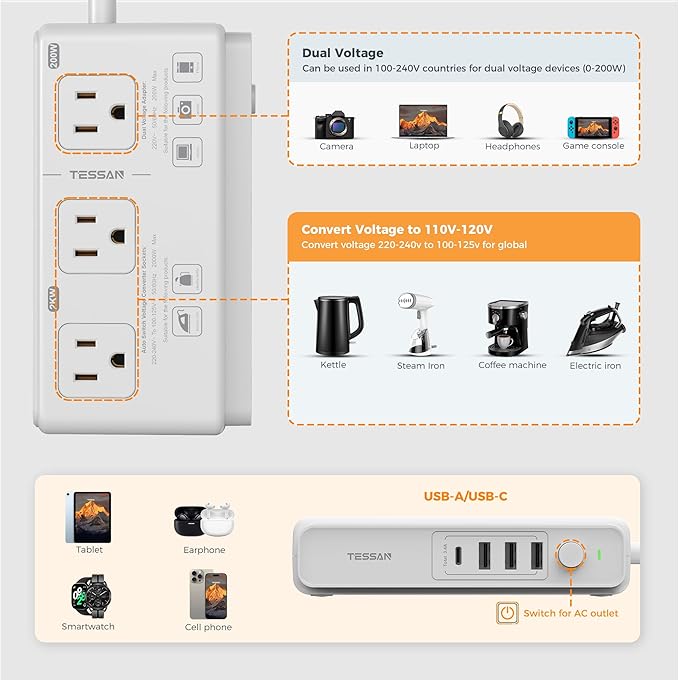 TESSAN Voltage Converter US to Europe, 220 to 110 Voltage Converter, Universal - Image 4