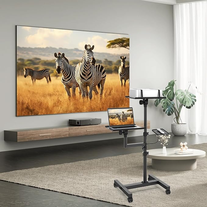 2 Shelves Mobile Projector Stand, Rolling Laptop Stand Adjustable Height to 47 - Image 2