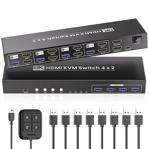 8K@60HZ 4K@120Hz HDMI KVM Switch 2 Monitors 4 Computers by Bcrokory