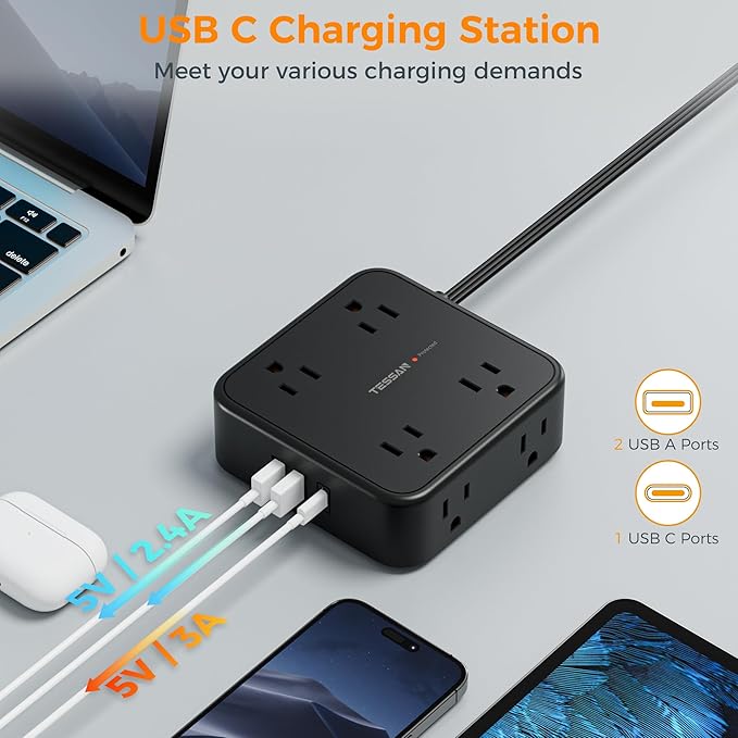 Power Strip Surge Protector 10 Ft Cord, TESSAN 8 AC Outlets 3 USB Charger - Image 4