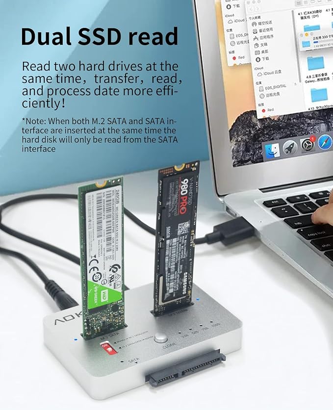 AOKO M.2 NVMe to M.2 SATA and 2.5”/3.5” SSD/HDD Clone Docking Station, USB-C - Image 5
