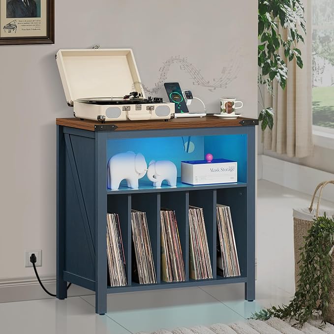 Large Record Player Stand with Charging Station & LED Lights, Vinyl Records - Image 7