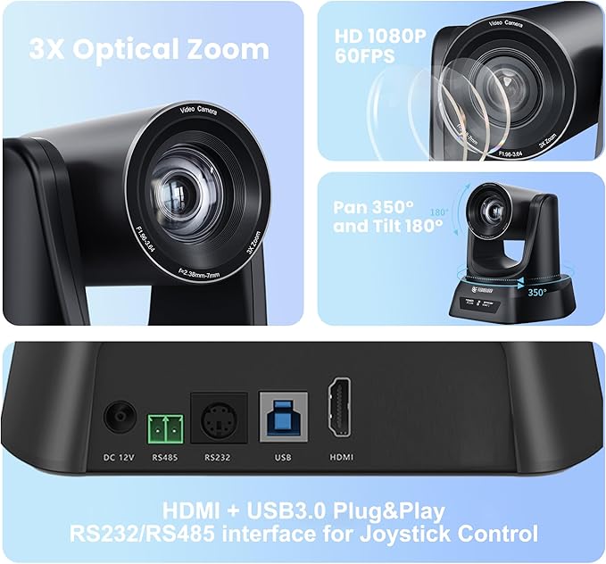 TONGVEO 3X Optical Zoom PTZ Camera HDMI USB 3.0 1080P 60fps 114-Degree - Image 2