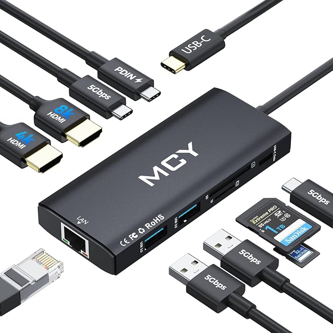 MCY USB C Hub, Laptop Docking Station Dual Monitor Single 8K, 10 in 1 Type-C by MCYDigtal