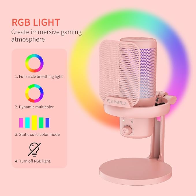 FEELWORLD VM1 Pink Gaming PC USB Microphone Condenser Mic - Image 4