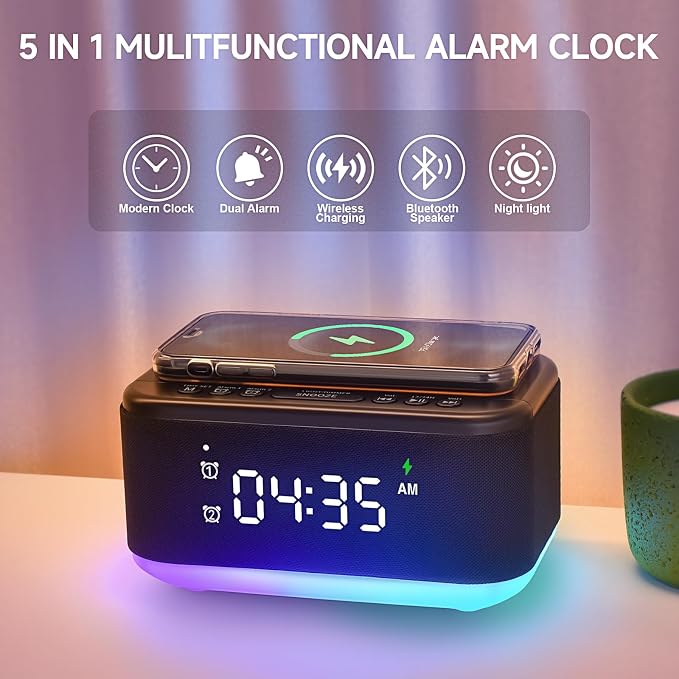 Alarm Clock Speaker Wireless Charger, Digital Alarm Clocks Bedrooms Bluetooth - Image 2