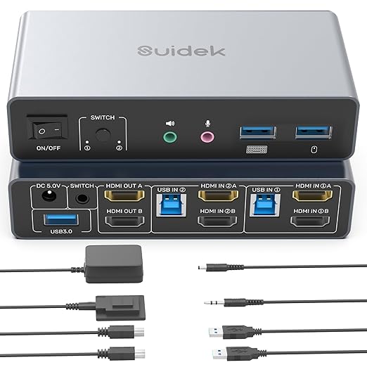 HDMI KVM Switch 2 Monitors 2 Computers, Dual Monitor KVM USB Switcher 4K@60Hz by SuidekDirect