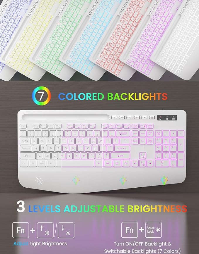 Wireless Keyboard with 7 Colored Backlit, Wrist Rest, Phone Holder, - Image 2