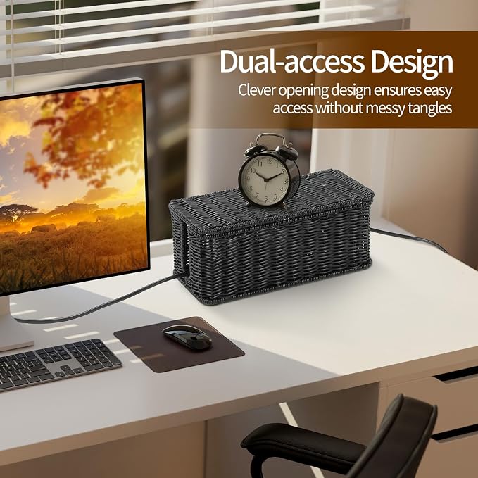 Delamu Handmade Rattan Cable Management Box, Cord Organizer - Image 3