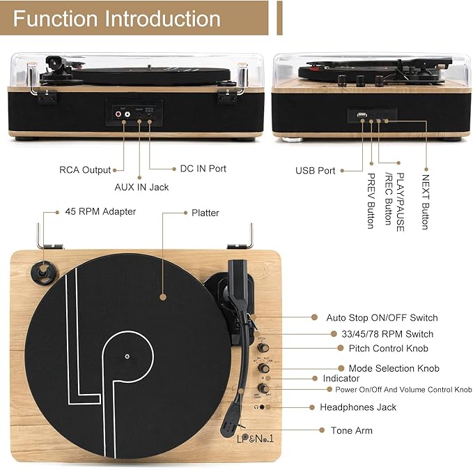 Vinyl Record Player 3-Speed Belt-Drive Turntable - Image 2
